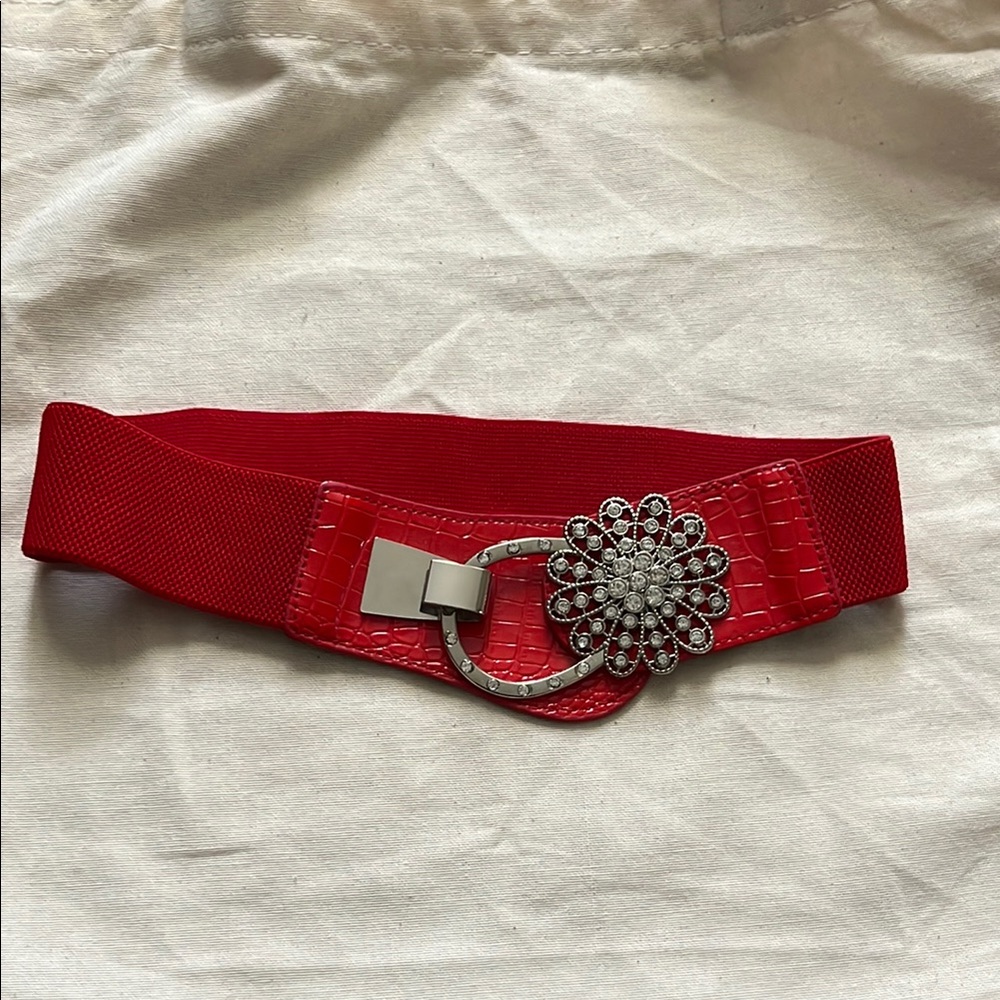Elegant Red Belt with Silver Floral Buckle